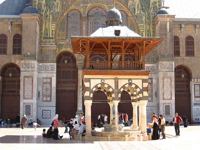 The Umayyad Mosque in Damascus at dusk.